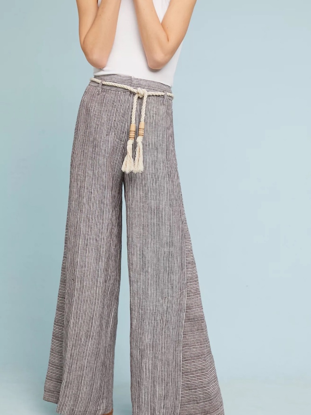 Anthropologie Ett:Twa Striped 100% Linen Wide Leg Pants sz 14 Boho